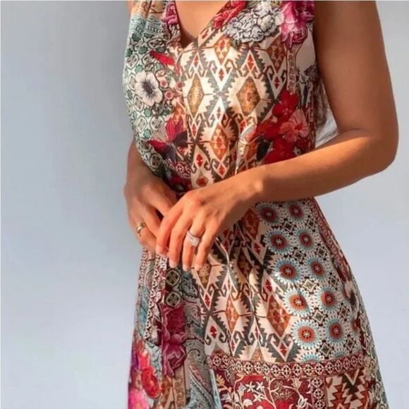 ZARA Paparazzi Patchwork Floral Geometric Belted Multicolor Jumpsuit Size S - Picture 3 of 12